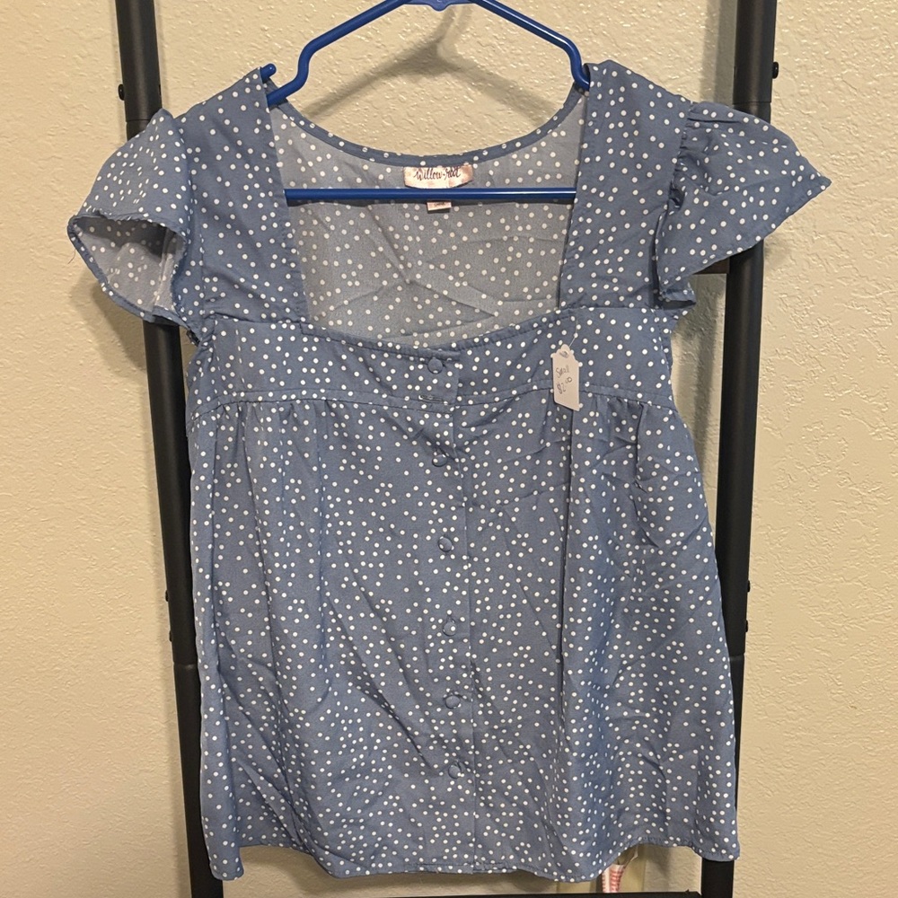 Blue and White Polka Dot Blouse